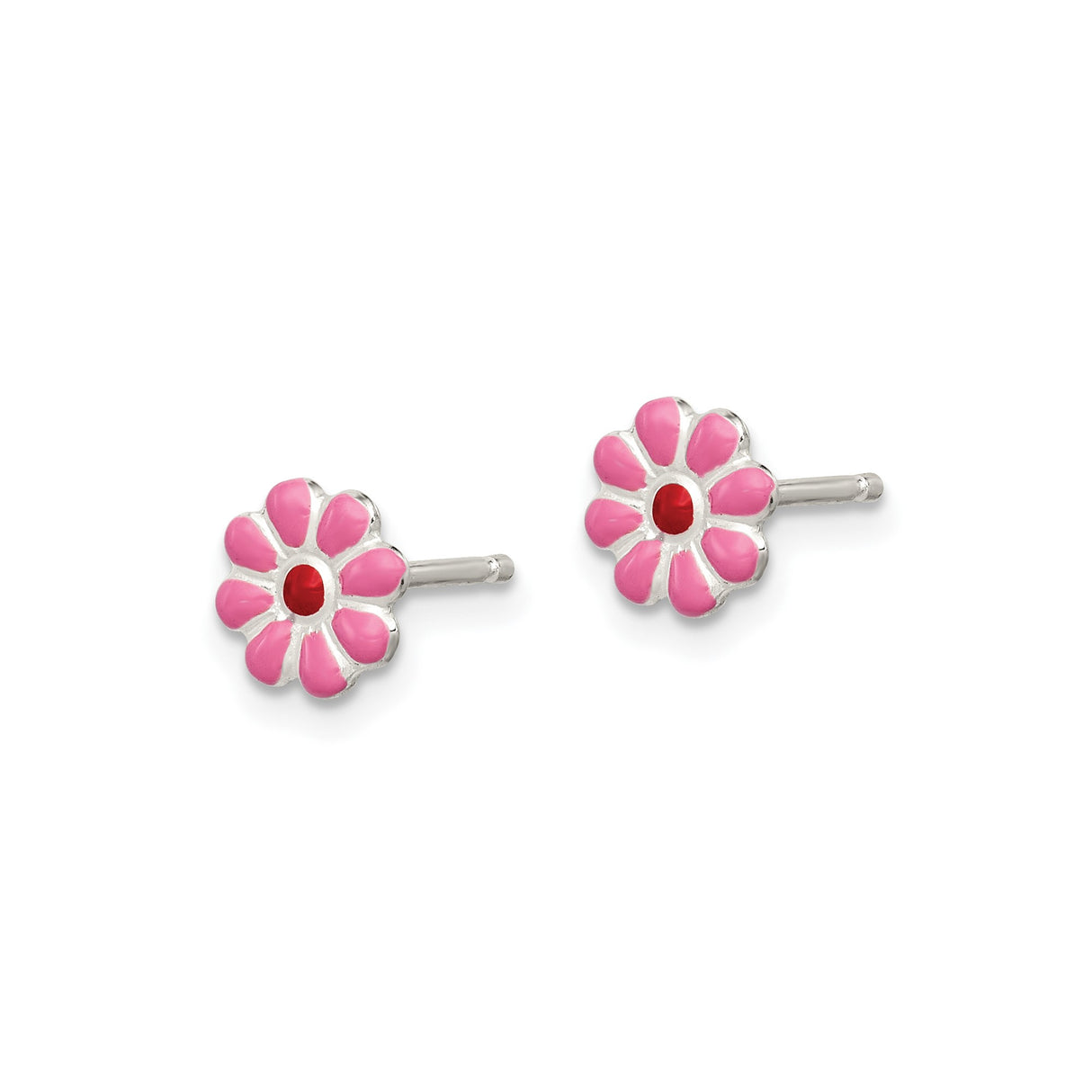 Sterling Silver Flower Stud Earrings with Pink Enamel Petals and Red Center, Daisy Design