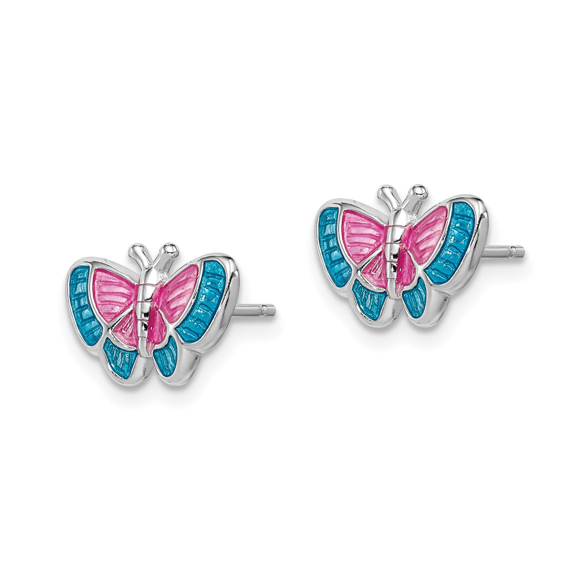 Sterling Silver Butterfly Stud Earrings with Pink and Blue Enamel Wings, Youthful Nature Style