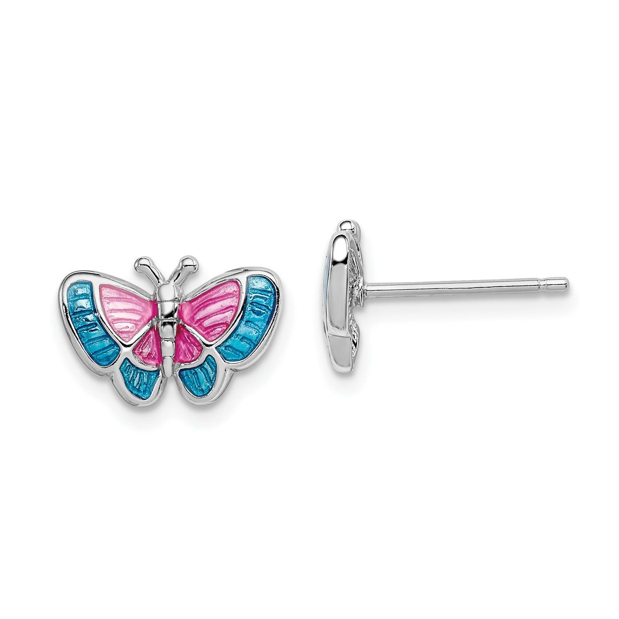 Sterling Silver Butterfly Stud Earrings with Pink and Blue Enamel Wings, Youthful Nature Style
