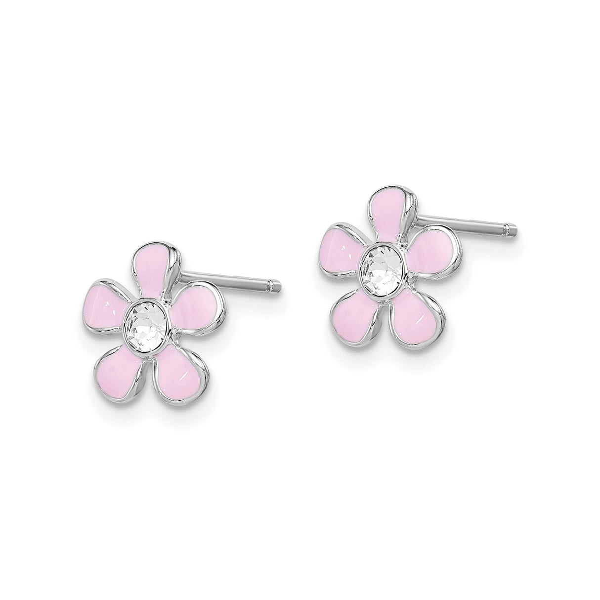 Sterling Silver Flower Stud Earrings with Pink Enamel and Clear Crystal Center