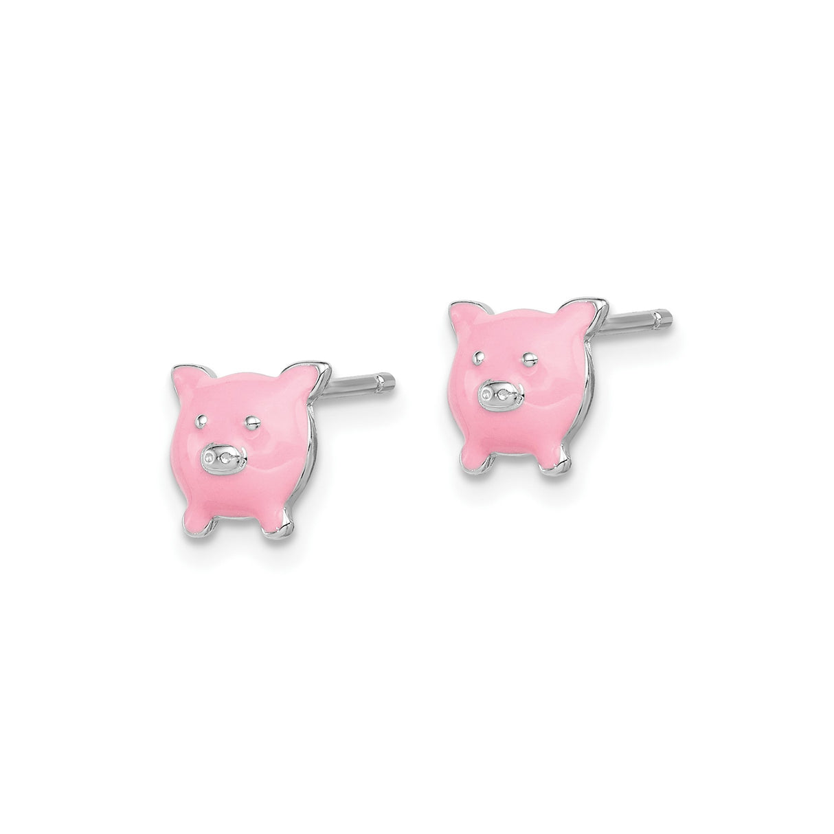 Sterling Silver Pig Stud Earrings with Enamel Detail, Cute Animal Design for Girls
