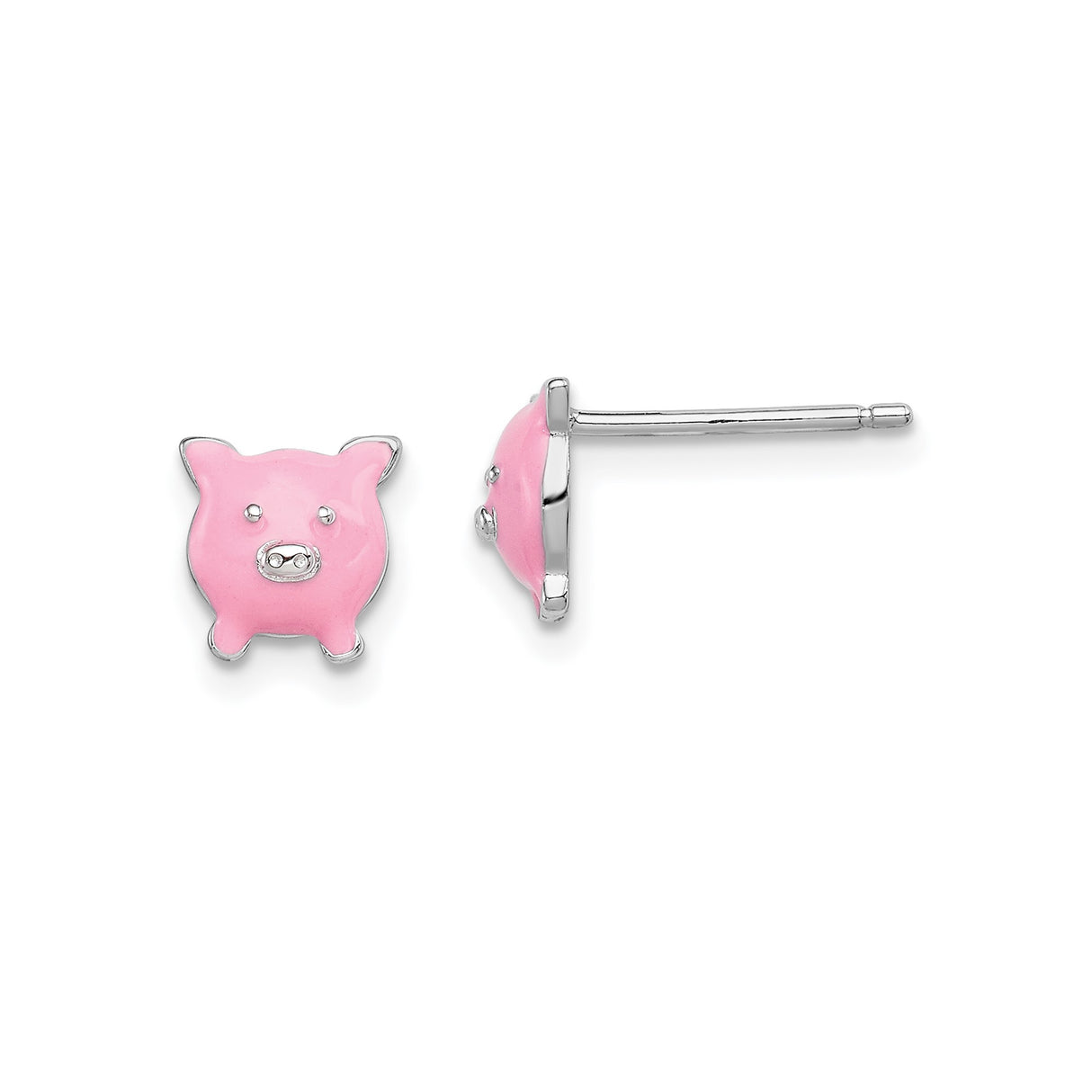 Sterling Silver Pig Stud Earrings with Enamel Detail, Cute Animal Design for Girls