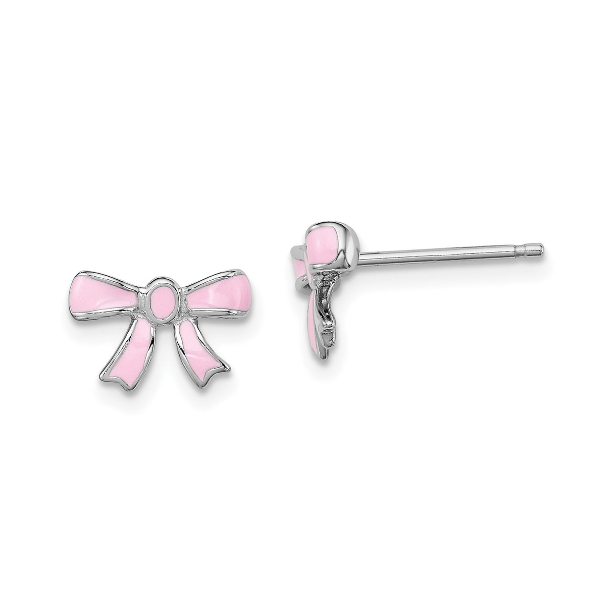 Sterling Silver Bow Stud Earrings with Pink Enamel, Dainty Ribbon Design for Girls and Women