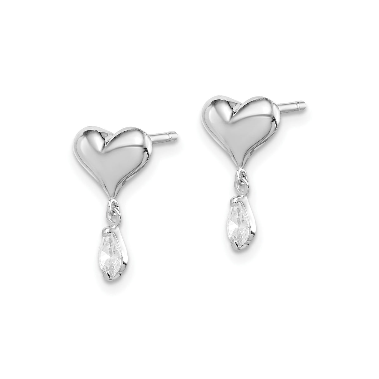 Sterling Silver Heart Stud Earrings with Teardrop Cubic Zirconia Dangle, Romantic Design