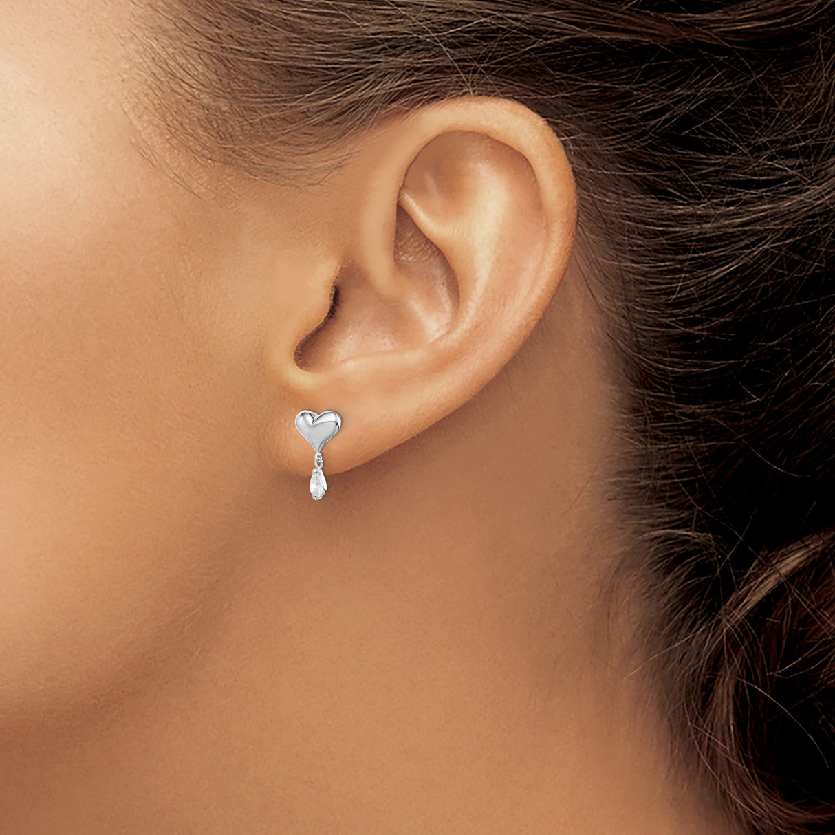 Sterling Silver Heart Stud Earrings with Teardrop Cubic Zirconia Dangle, Romantic Design