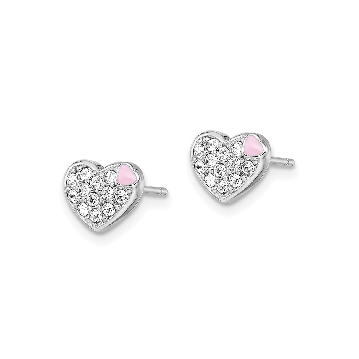 Sterling Silver Heart Stud Earrings with Pink Enamel and Cubic Zirconia for Girls