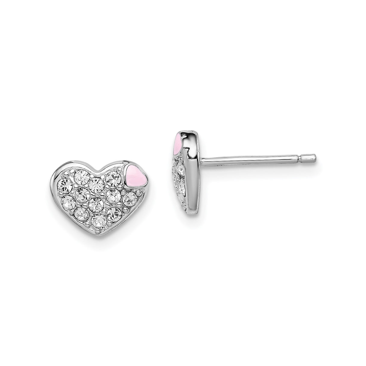 Sterling Silver Heart Stud Earrings with Pink Enamel and Cubic Zirconia for Girls