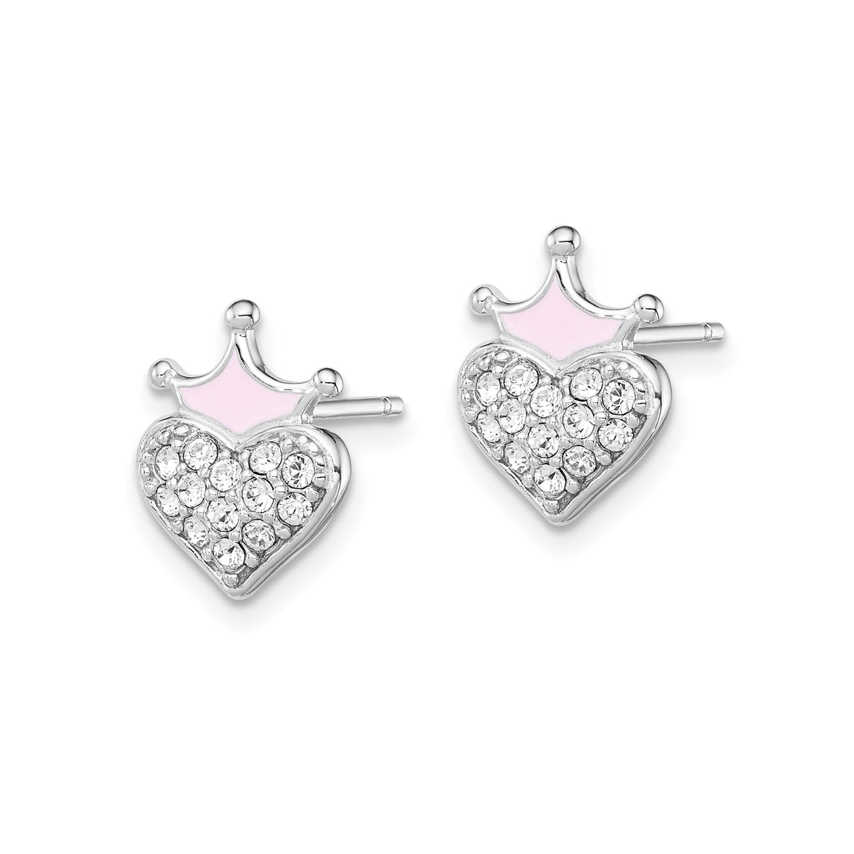 Sterling Silver Heart Stud Earrings with Pink Enamel Crown and Clear Crystal