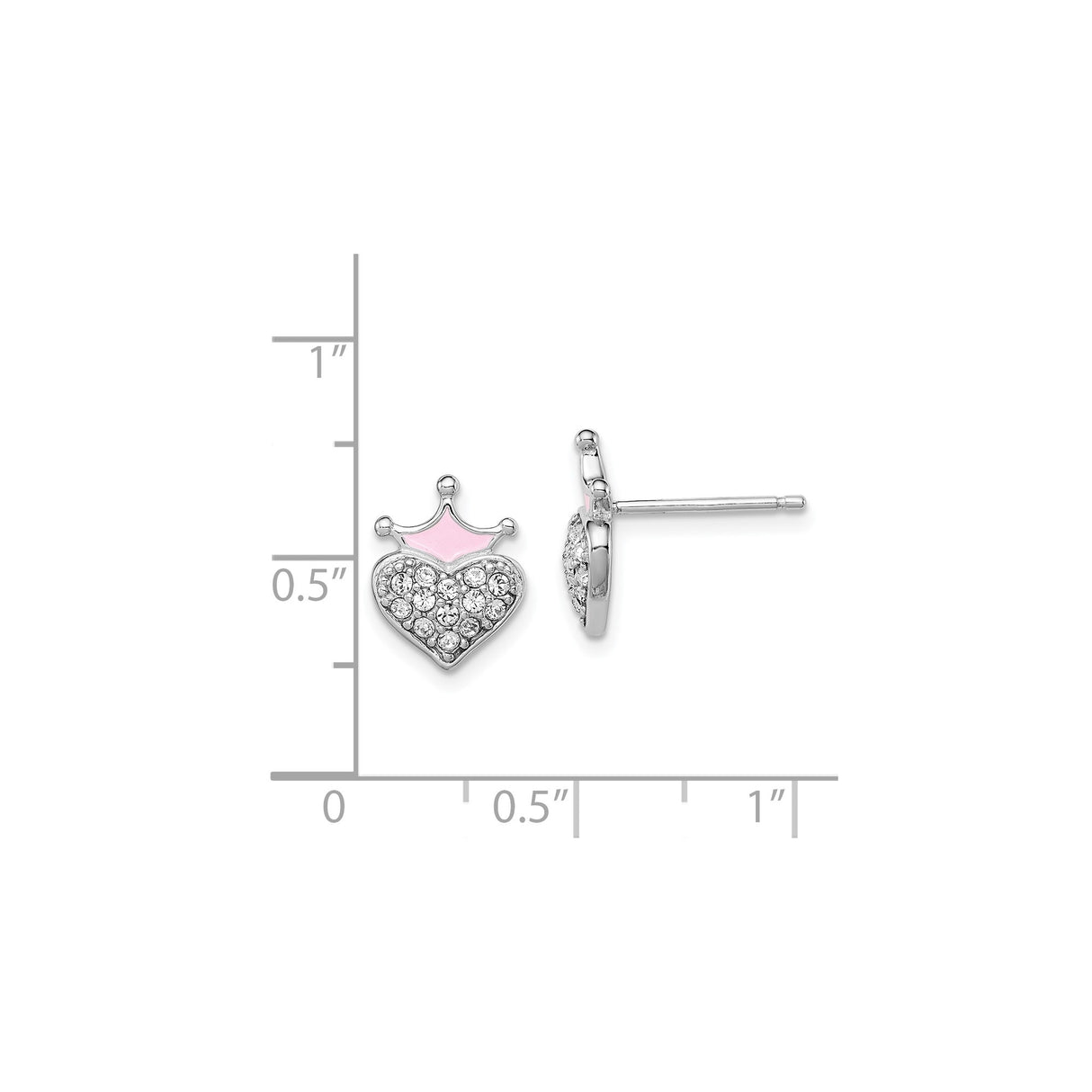 Sterling Silver Heart Stud Earrings with Pink Enamel Crown and Clear Crystal