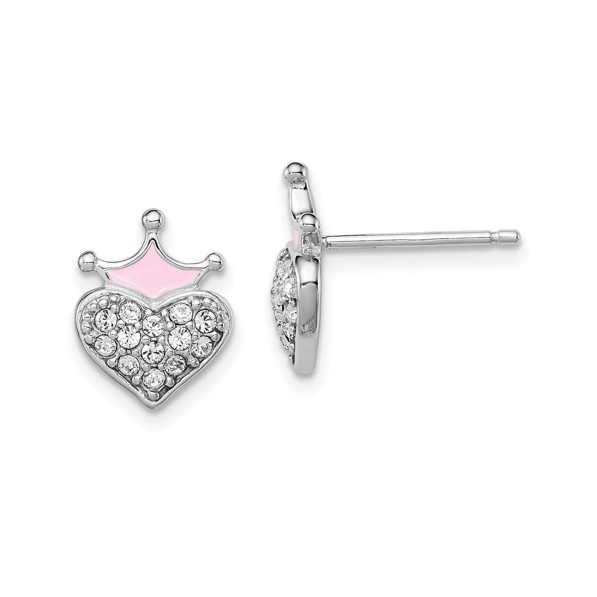 Sterling Silver Heart Stud Earrings with Pink Enamel Crown and Clear Crystal