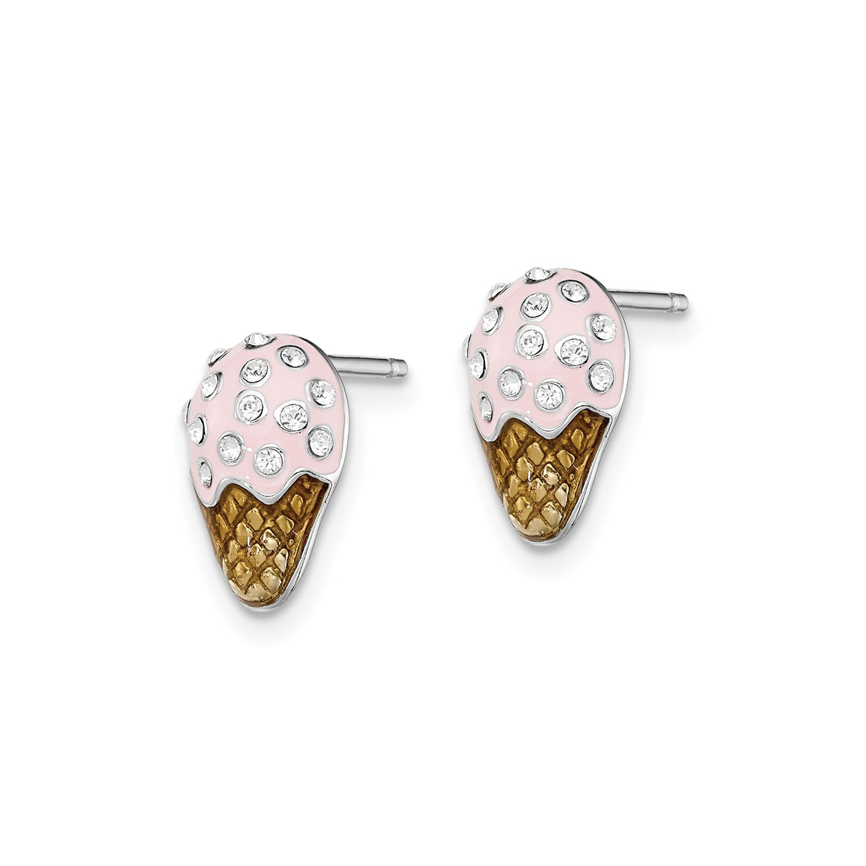 Sterling Silver Ice Cream Cone Stud Earrings with Pink Enamel and Crystal Accents