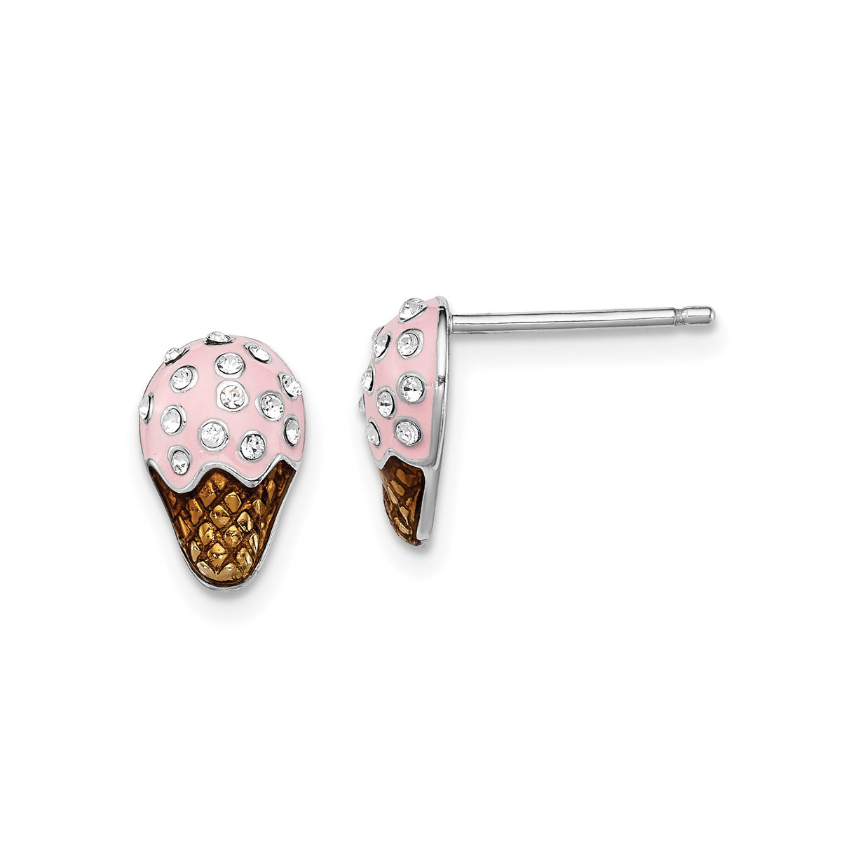 Sterling Silver Ice Cream Cone Stud Earrings with Pink Enamel and Crystal Accents