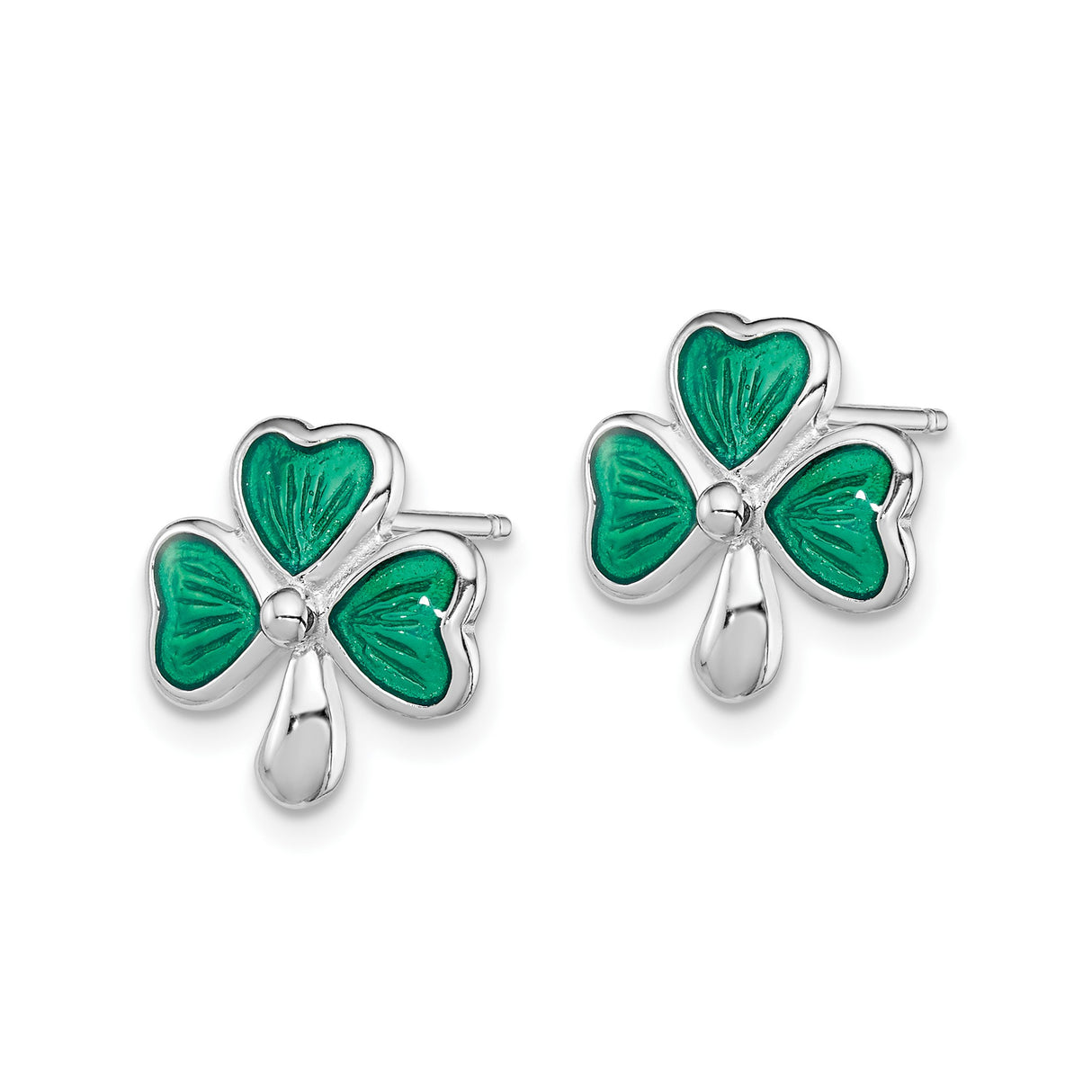 Sterling Silver Shamrock Stud Earrings with Green Enamel, Three-Leaf Clover Celtic Design