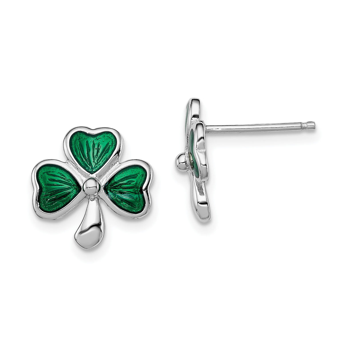 Sterling Silver Shamrock Stud Earrings with Green Enamel, Three-Leaf Clover Celtic Design