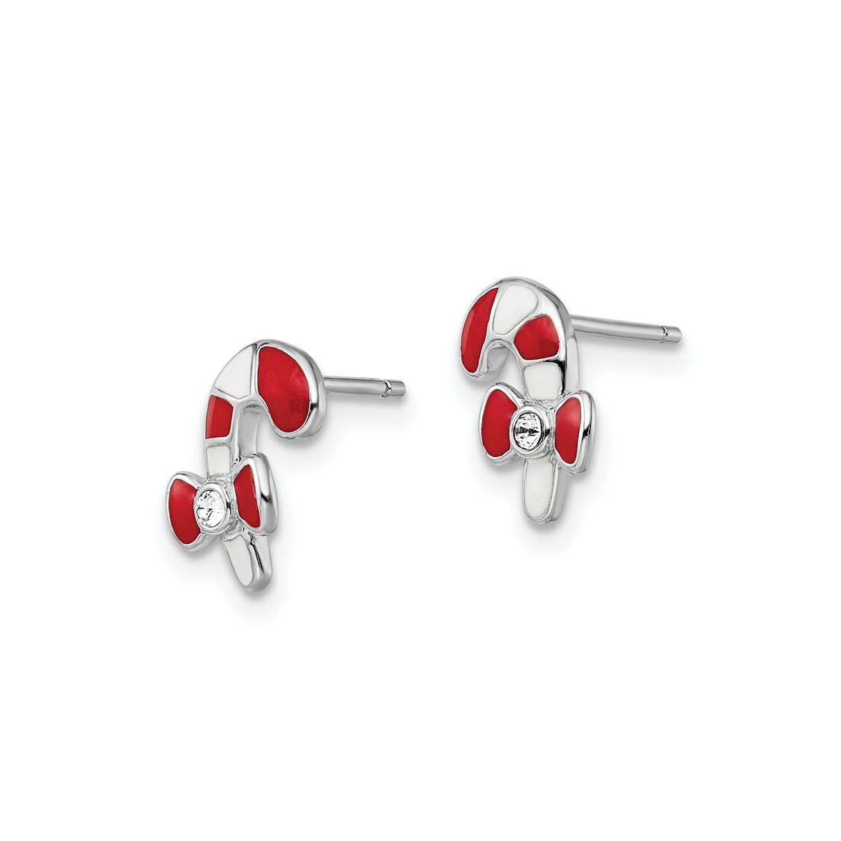 Sterling Silver Candy Cane Stud Earrings with Red and White Enamel and Clear Crystal Accent