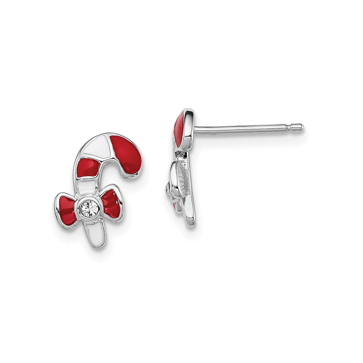 Sterling Silver Candy Cane Stud Earrings with Red and White Enamel and Clear Crystal Accent
