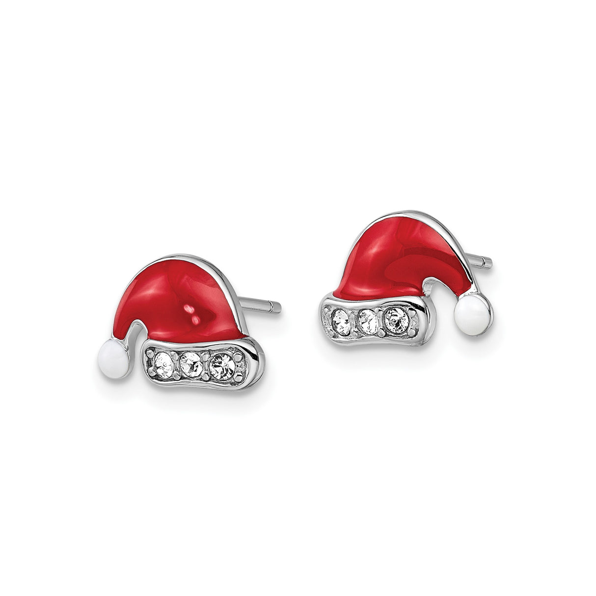 Sterling Silver Santa Hat Stud Earrings with Red and White Enamel and Clear Crystal Accents
