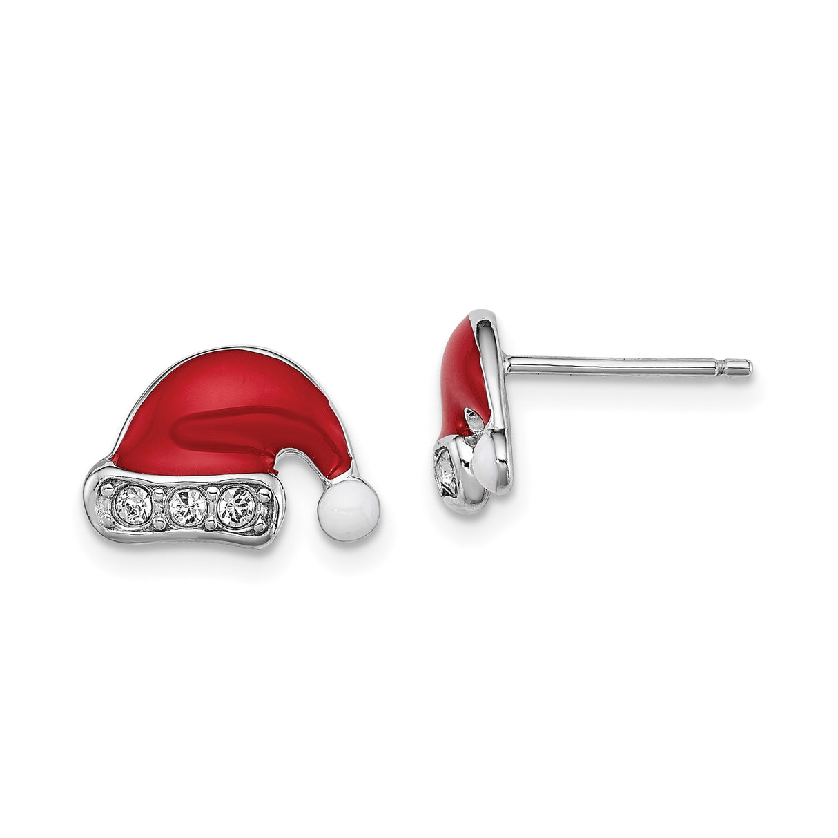 Sterling Silver Santa Hat Stud Earrings with Red and White Enamel and Clear Crystal Accents