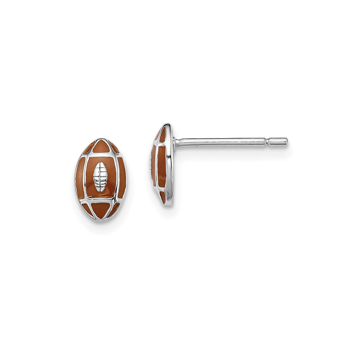Sterling Silver Football Stud Earrings with Brown and White Enamel, Unisex Sports Style