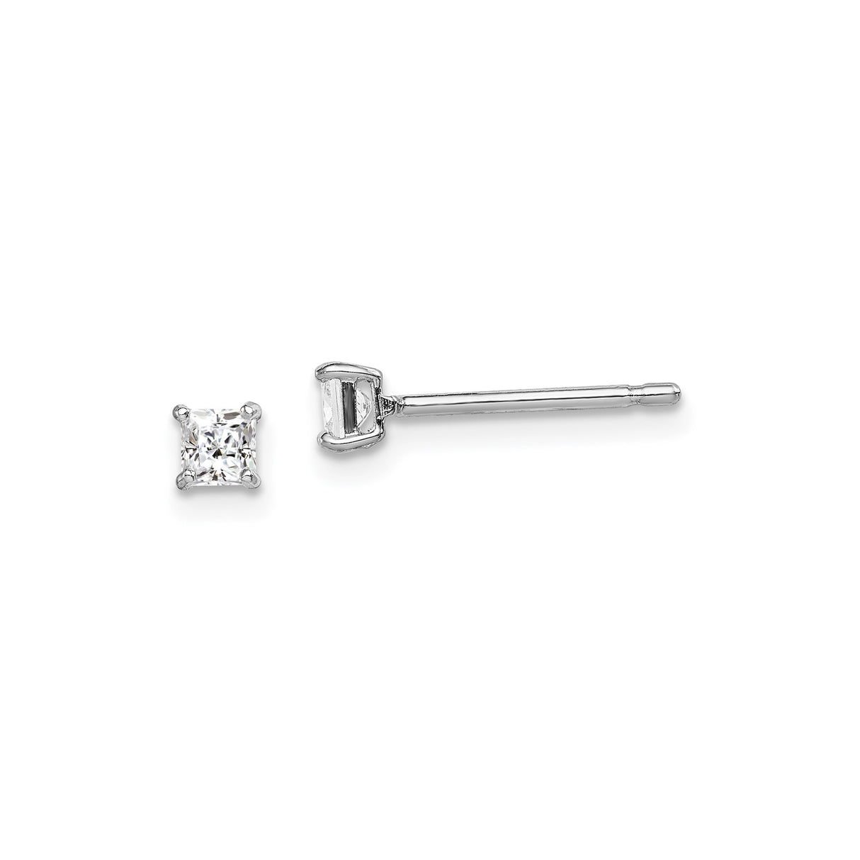 Sterling Silver Stud Earrings with Princess Cut Cubic Zirconia, Square Minimalist Design