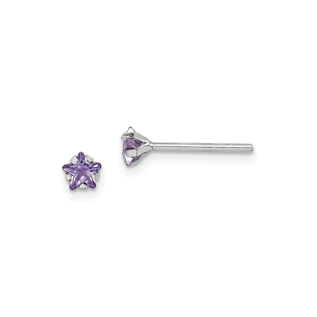 Sterling Silver Star Shaped Stud Earrings with Purple Cubic Zirconia Accents, Celestial Design