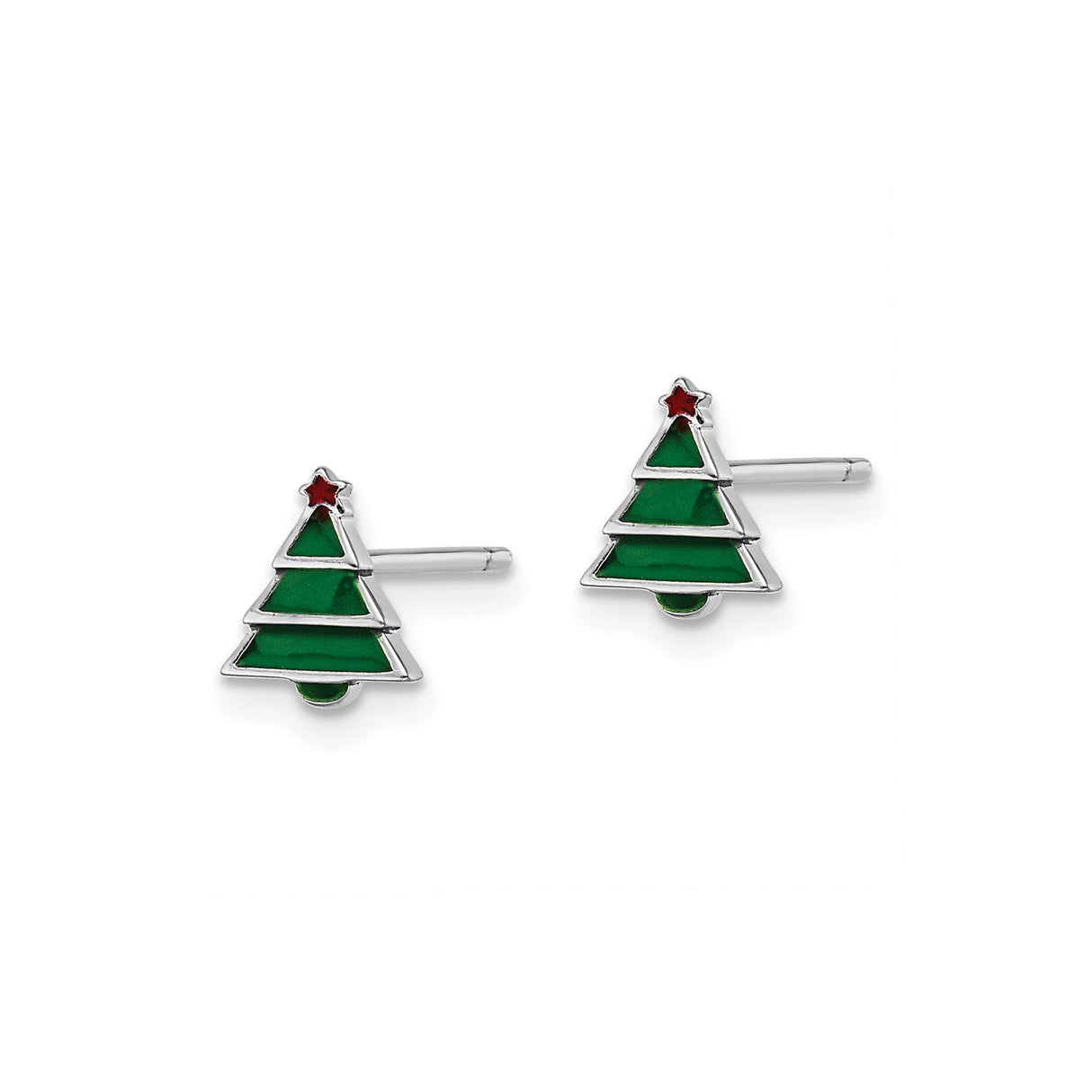Sterling Silver Christmas Tree Stud Earrings with Green Enamel and Red Star, Holiday Theme