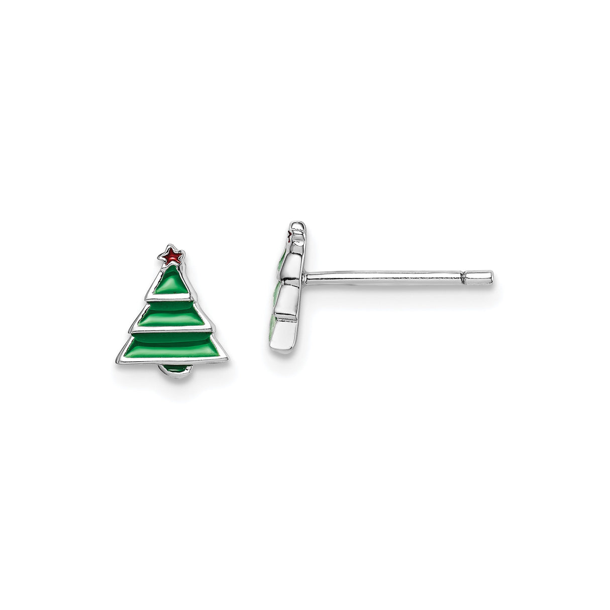 Sterling Silver Christmas Tree Stud Earrings with Green Enamel and Red Star, Holiday Theme