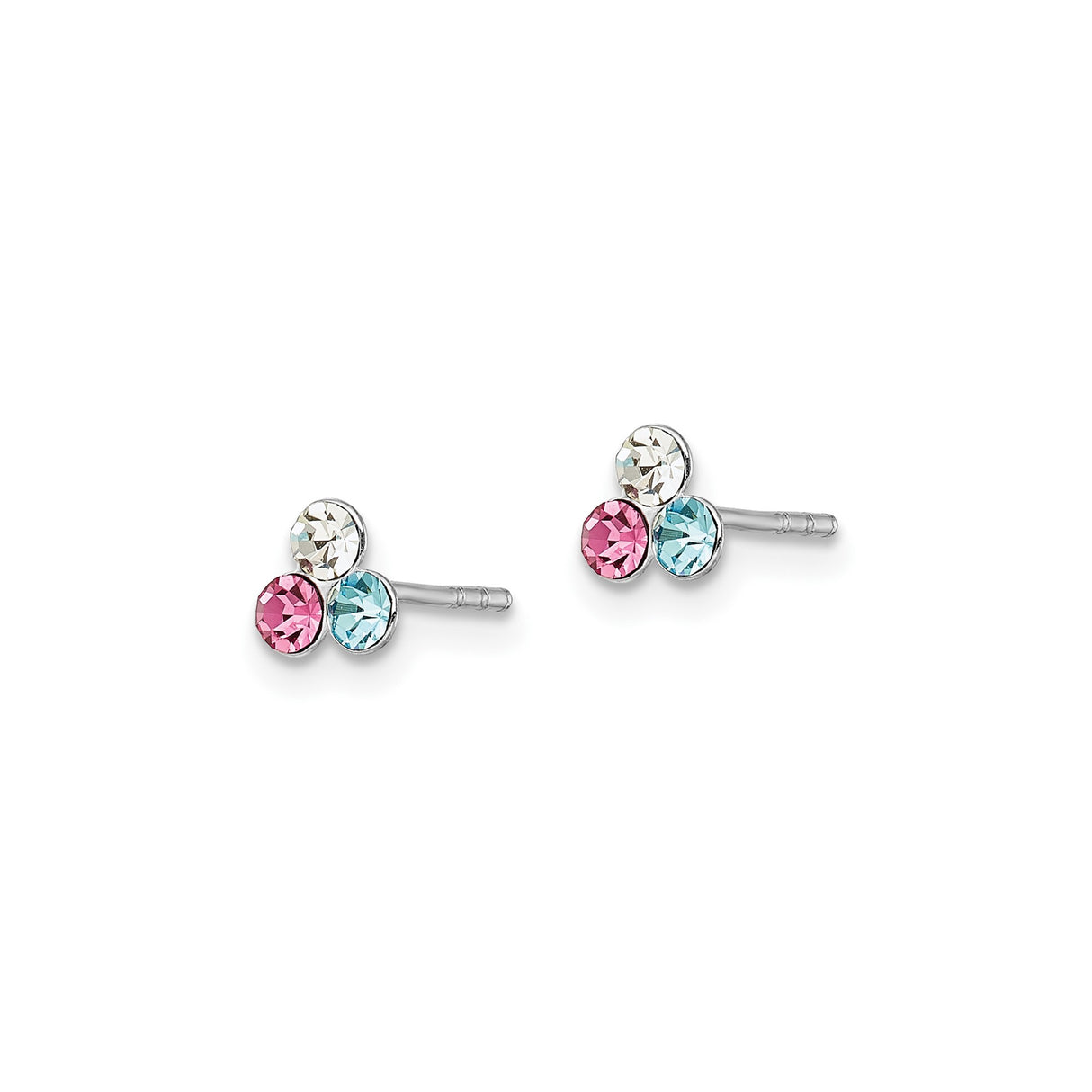 Sterling Silver Stud Earrings with Pink, Blue, and Clear Crystals, Dainty Multicolor Trio Studs