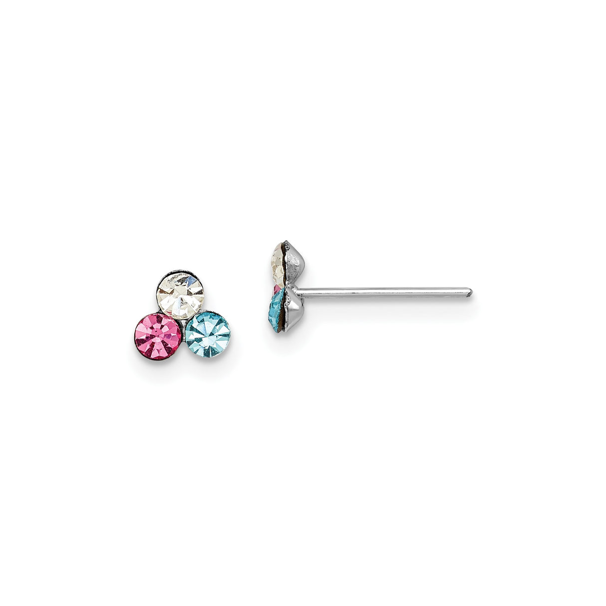 Sterling Silver Stud Earrings with Pink, Blue, and Clear Crystals, Dainty Multicolor Trio Studs