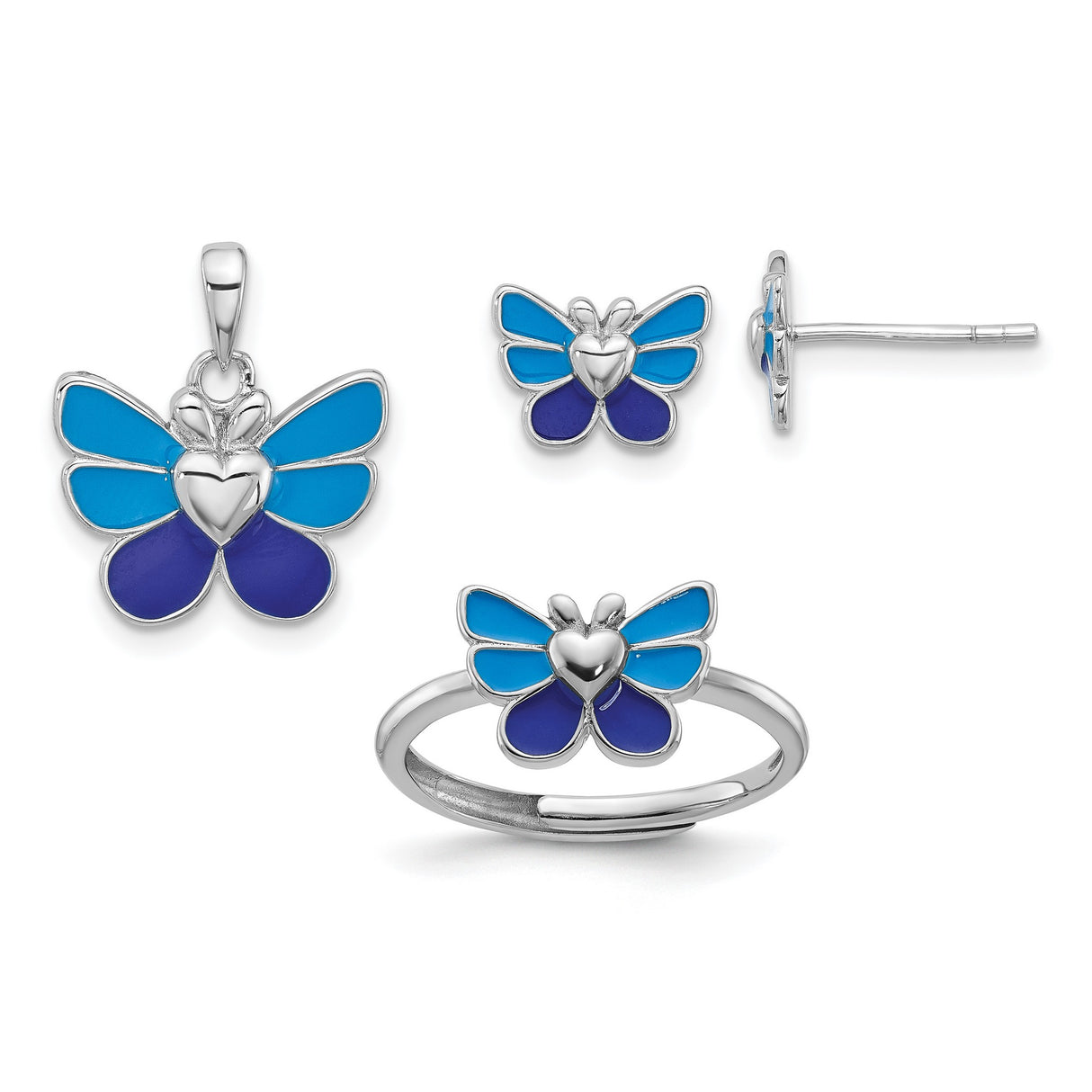 Butterfly Childrens Earrings Ring and Set Charm Pendant in Real 925 Sterling Silver