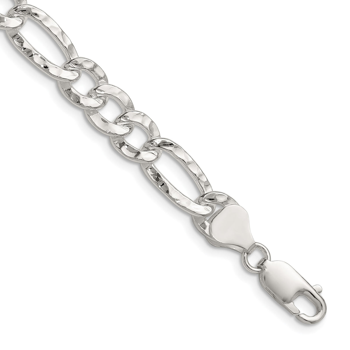 925 White Gold 7.6 mm Figaro Chain Necklace, Polished detail view