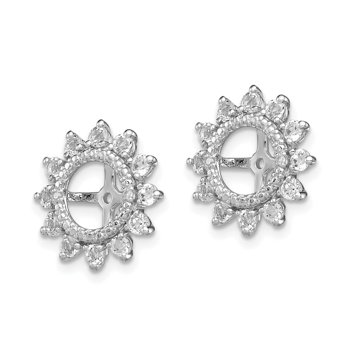 Sterling Silver Stud Earrings with White Topaz and Diamond, Floral Halo Sunburst Design
