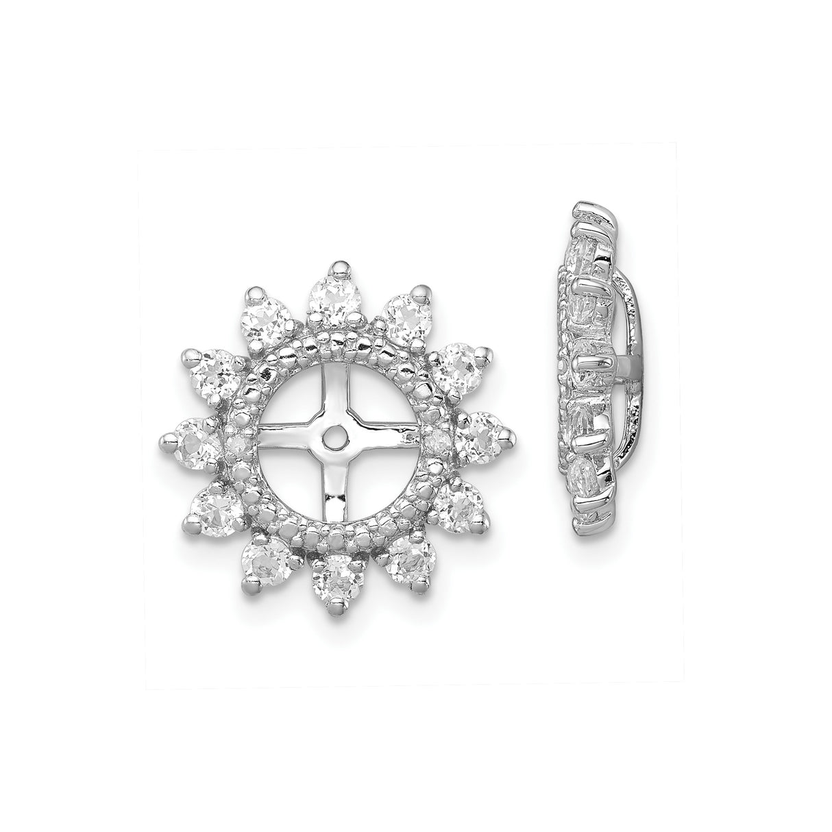 Sterling Silver Stud Earrings with White Topaz and Diamond, Floral Halo Sunburst Design