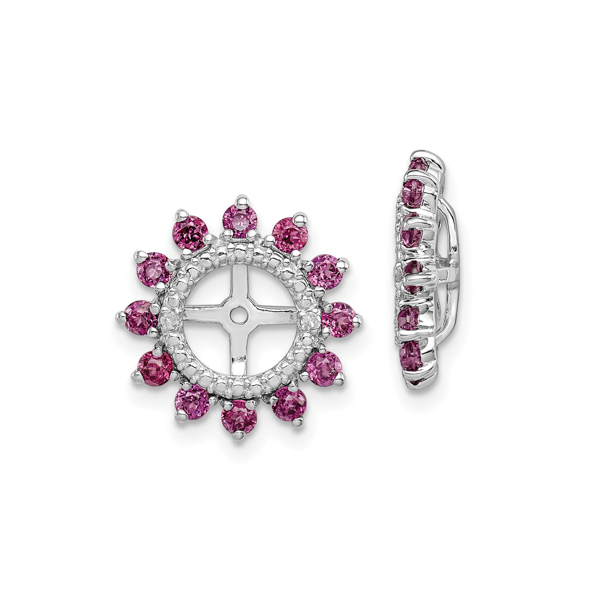 Sterling Silver Stud Earrings with Rhodolite Garnet and Diamond, Sunburst Cross Design