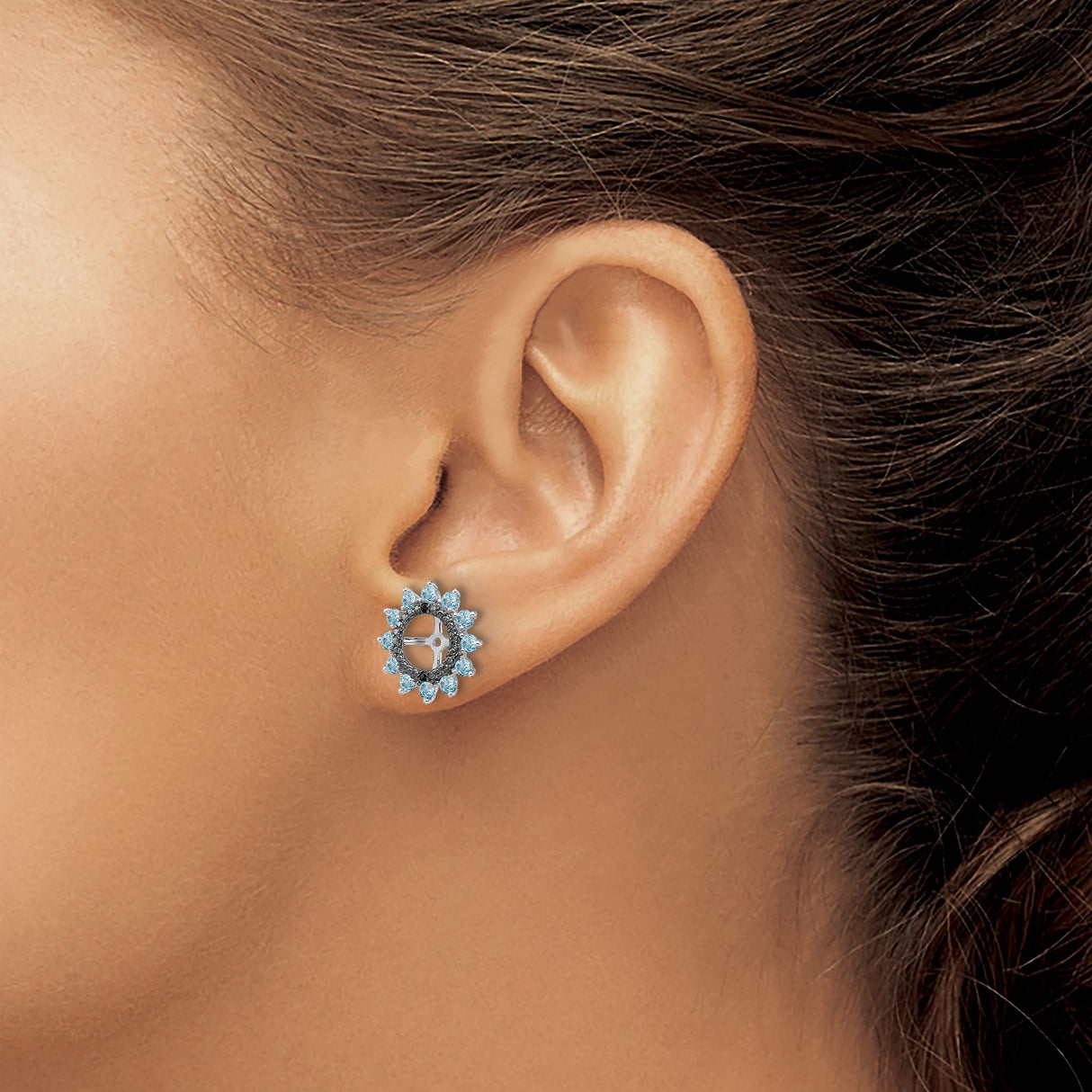 Sterling Silver Sunburst Earring Jackets with Swiss Blue Topaz and Sapphire Petal Design