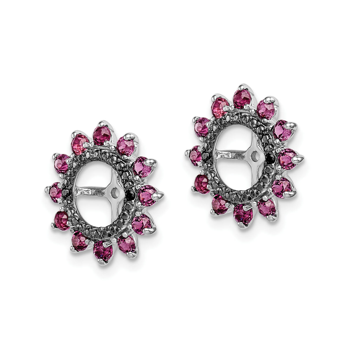 Sterling Silver Cross Stud Earrings with Rhodolite Garnet and Sapphire, Sunburst Halo Design