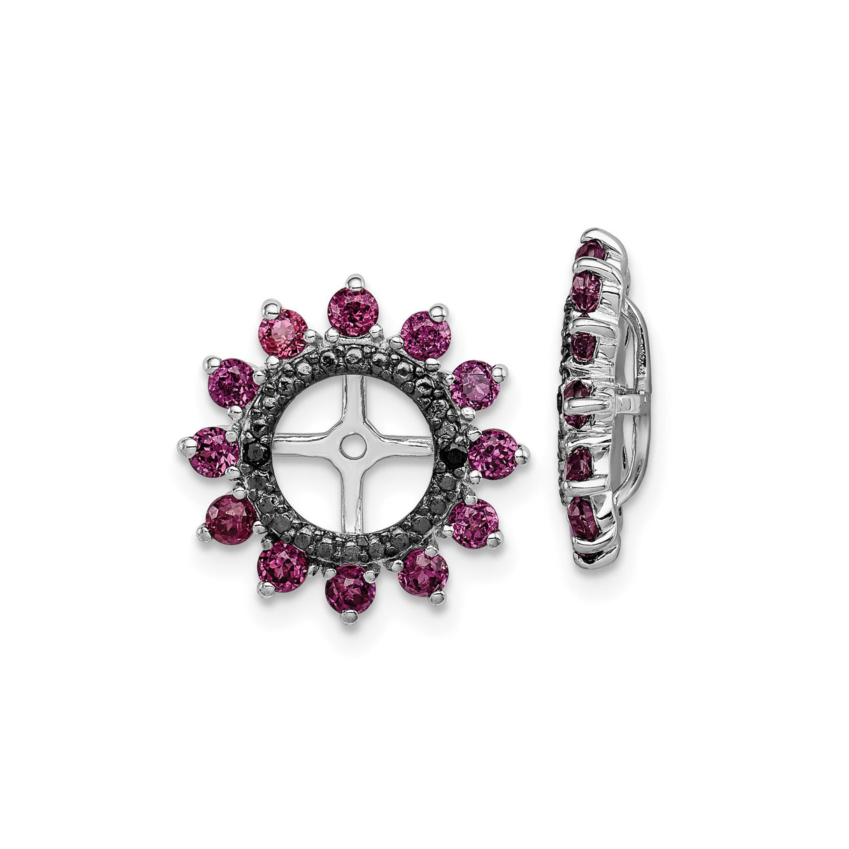 Sterling Silver Cross Stud Earrings with Rhodolite Garnet and Sapphire, Sunburst Halo Design
