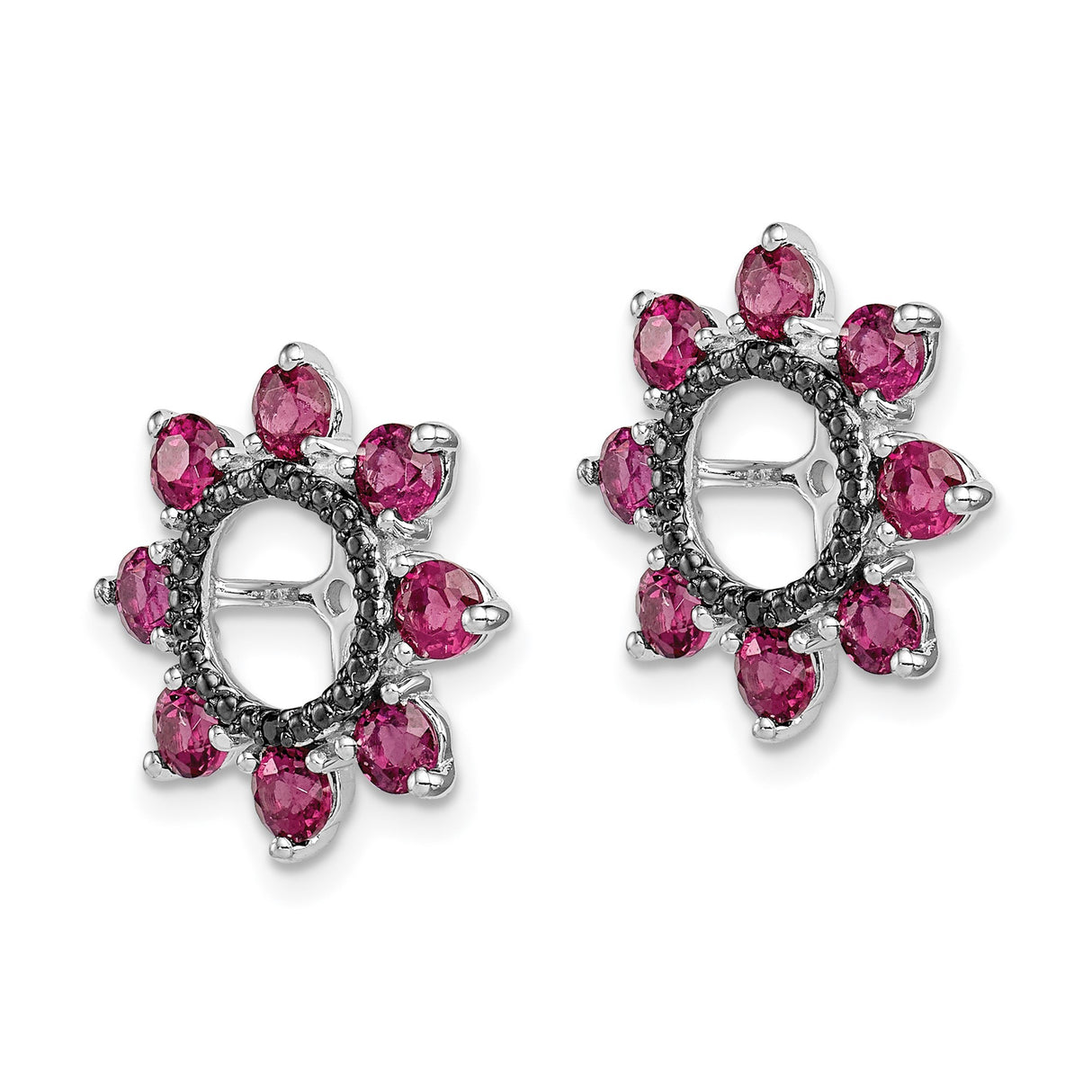 Sterling Silver Earrings with Rhodolite Garnet, Black Sapphire, Floral Sunburst Design