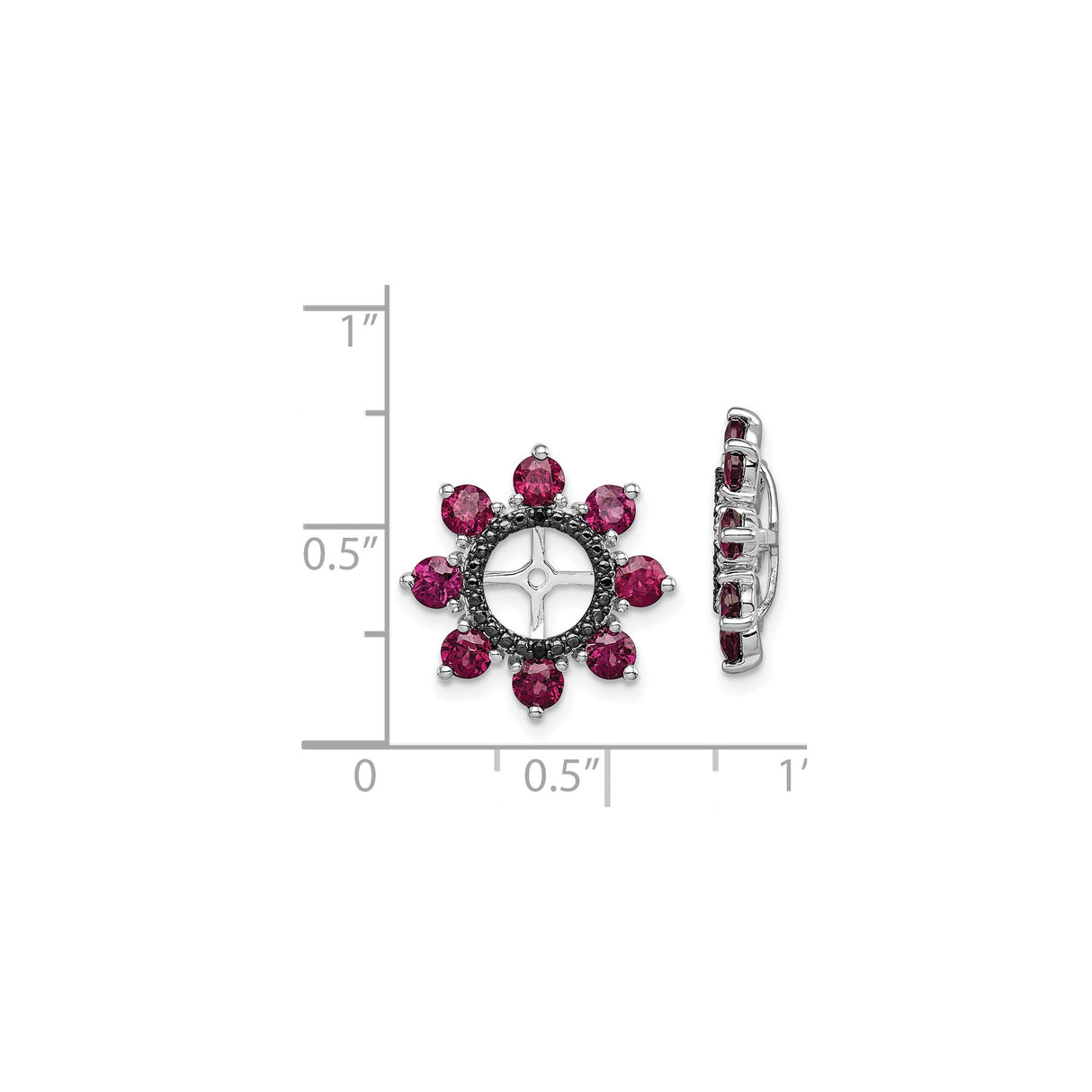 Sterling Silver Earrings with Rhodolite Garnet, Black Sapphire, Floral Sunburst Design