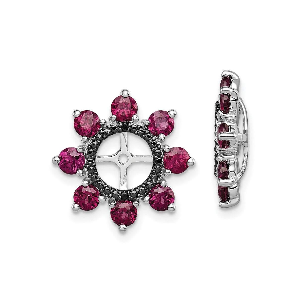 Sterling Silver Earrings with Rhodolite Garnet, Black Sapphire, Floral Sunburst Design