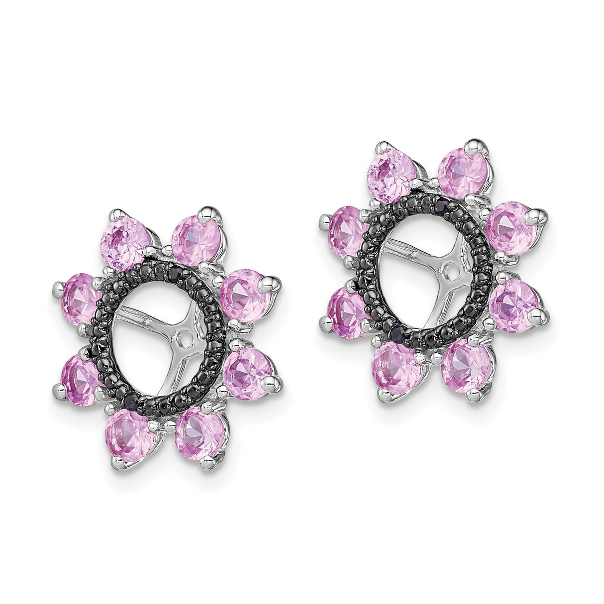 Sterling Silver Compass Rose Earrings with Created Pink Sapphire and Black Sapphire Accents