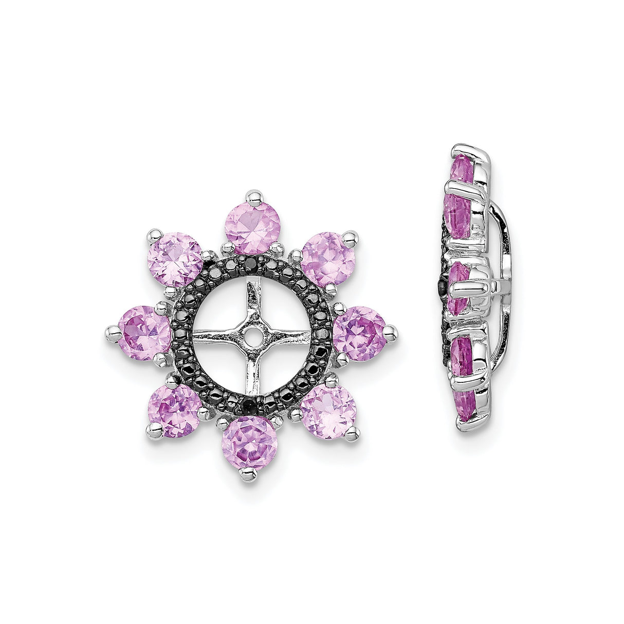 Sterling Silver Compass Rose Earrings with Created Pink Sapphire and Black Sapphire Accents