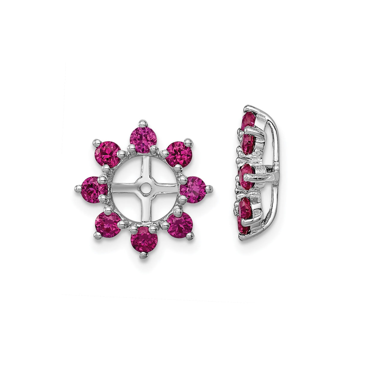 Sterling Silver Stud Earrings with Created Ruby, Floral Wheel and Cross Design