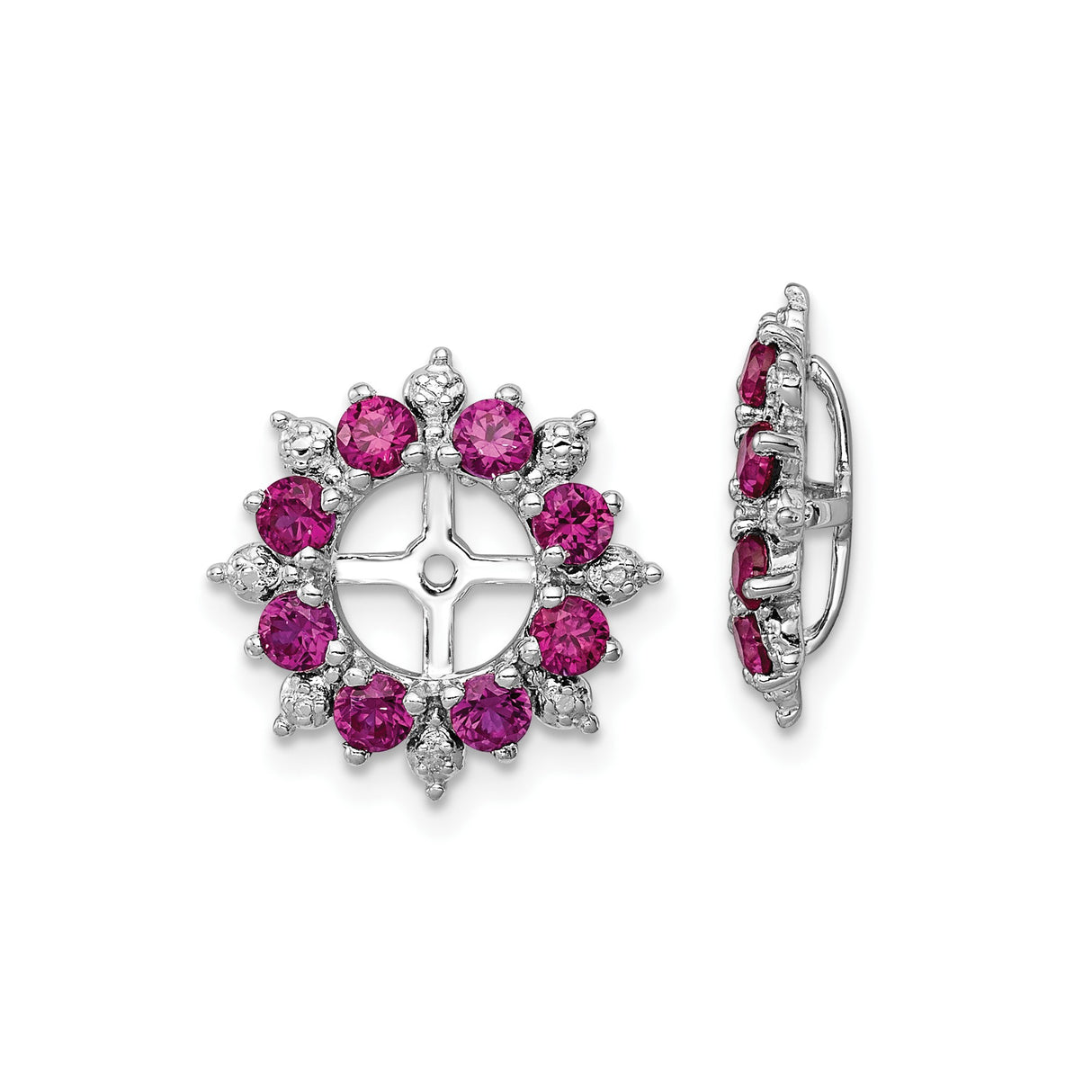 Sterling Silver Earrings with Created Ruby and Diamond, Open Cross Starburst Studs