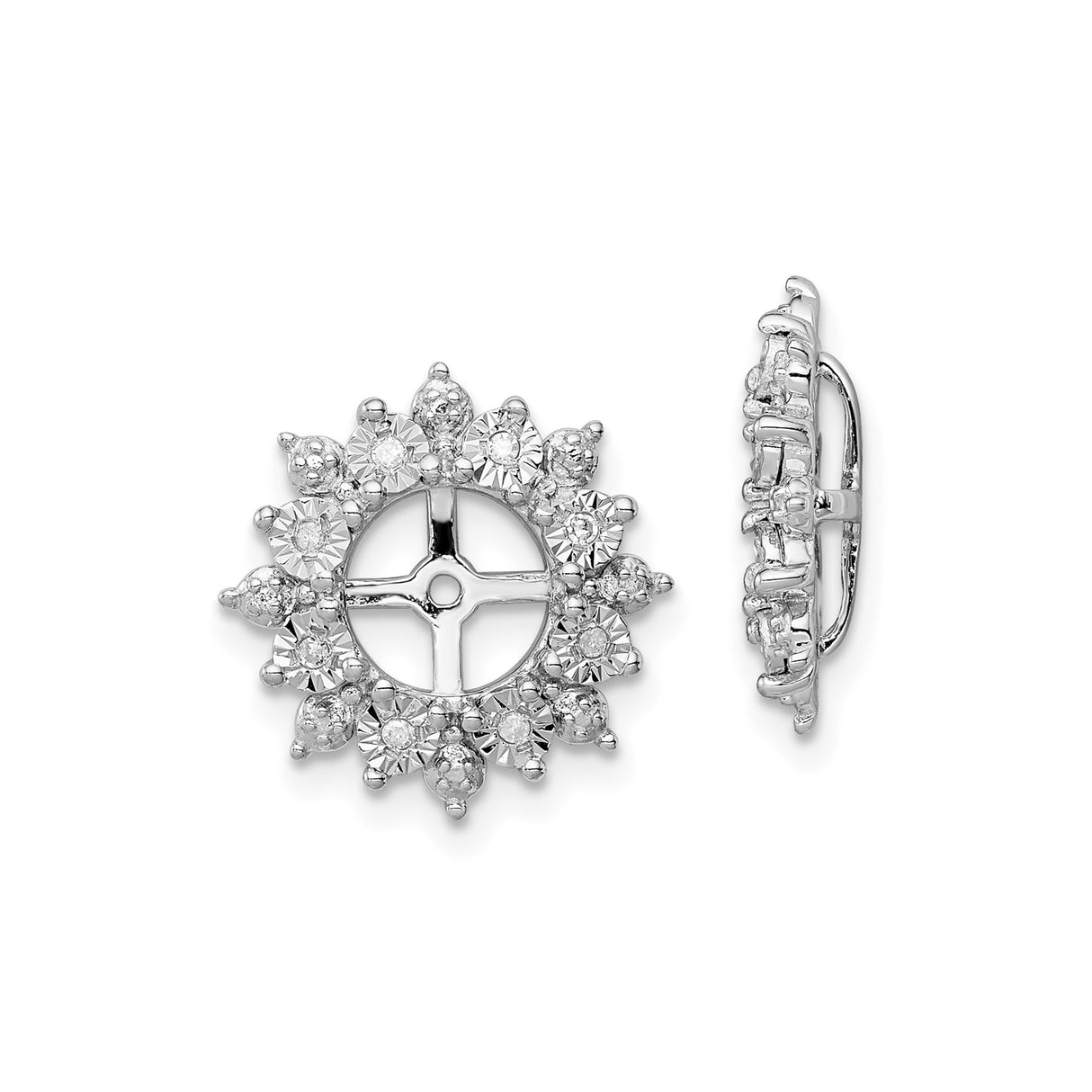 Sterling Silver Earring Jackets with Diamond Accents, Floral Sunburst Design for Women