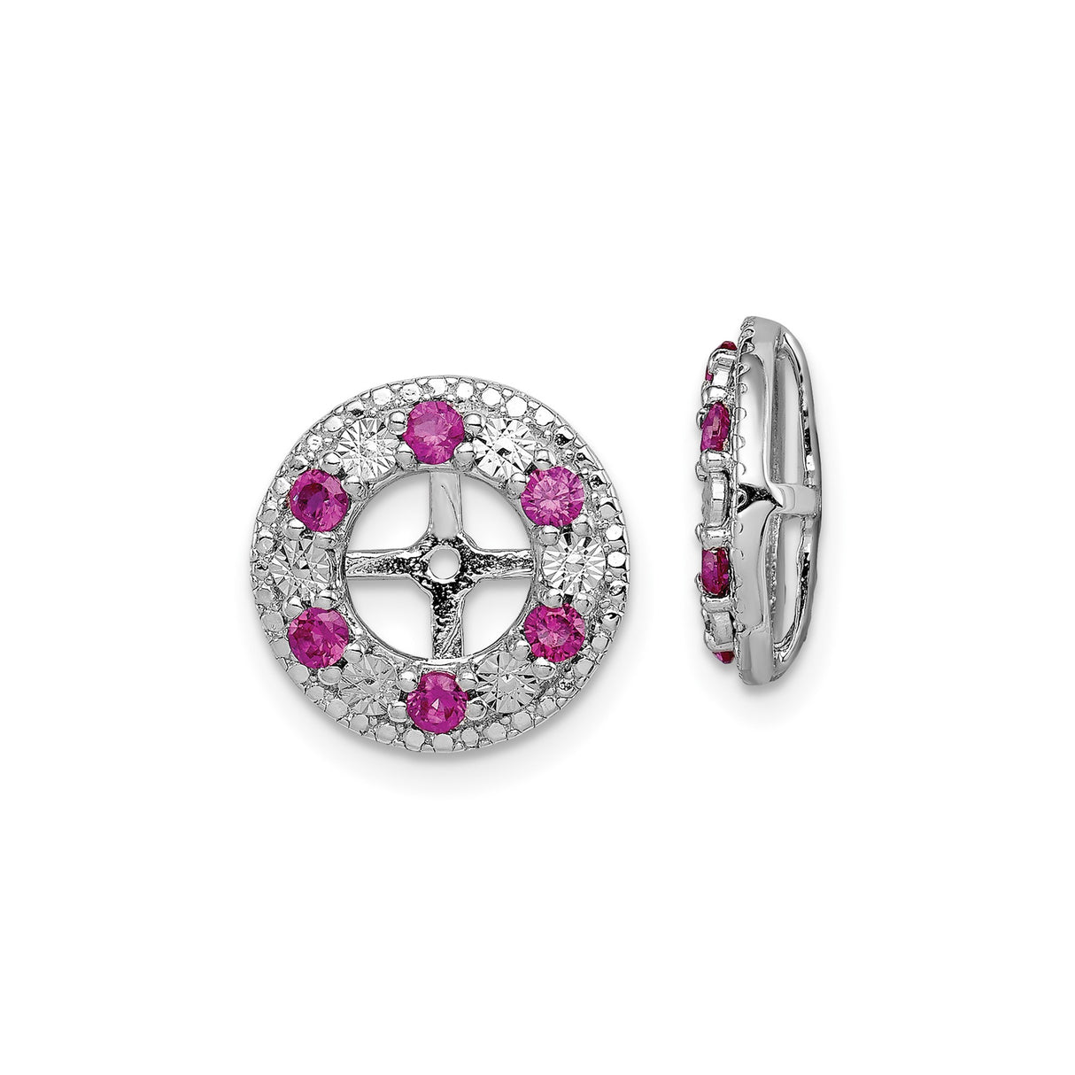 Sterling Silver Cross Center Earrings with Created Ruby and Pink Cubic Zirconia Accents