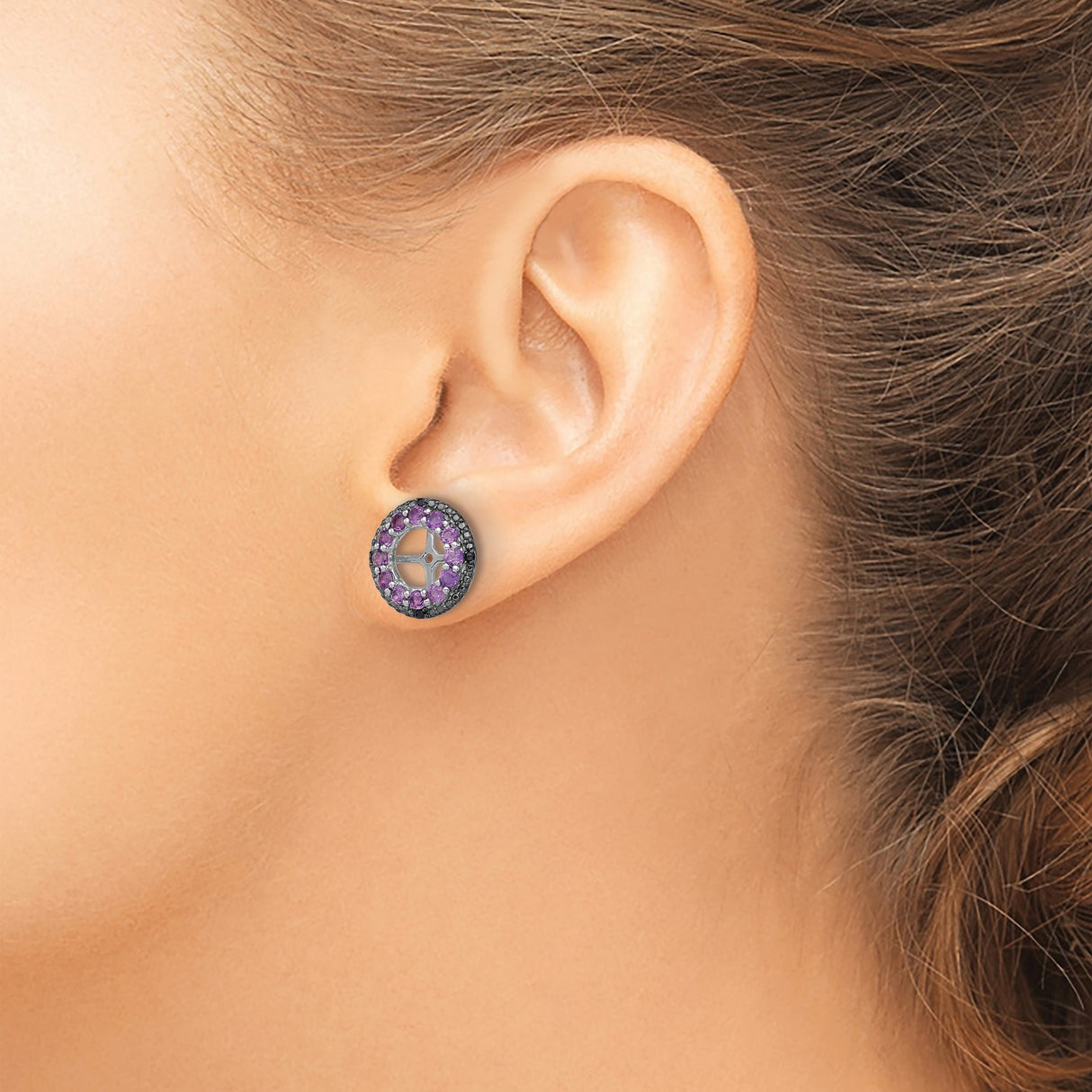 Sterling Silver Earrings with Amethyst and Sapphire, Circular Cross Wheel Halo Design