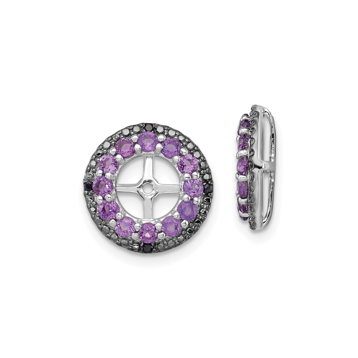 Sterling Silver Earrings with Amethyst and Sapphire, Circular Cross Wheel Halo Design