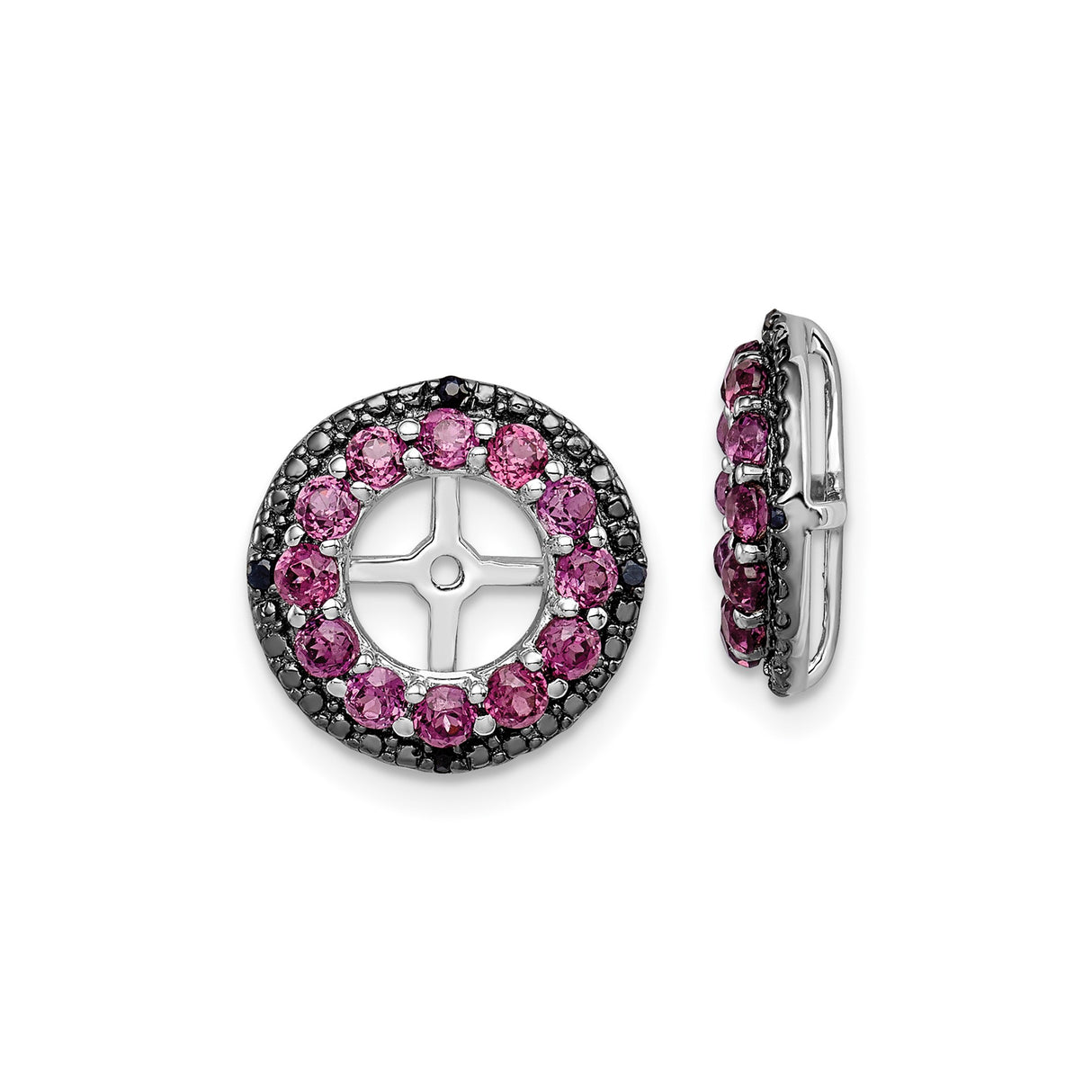 Sterling Silver Cross Hoop Earrings with Rhodolite Garnet and Sapphire, Wheel Motif Design