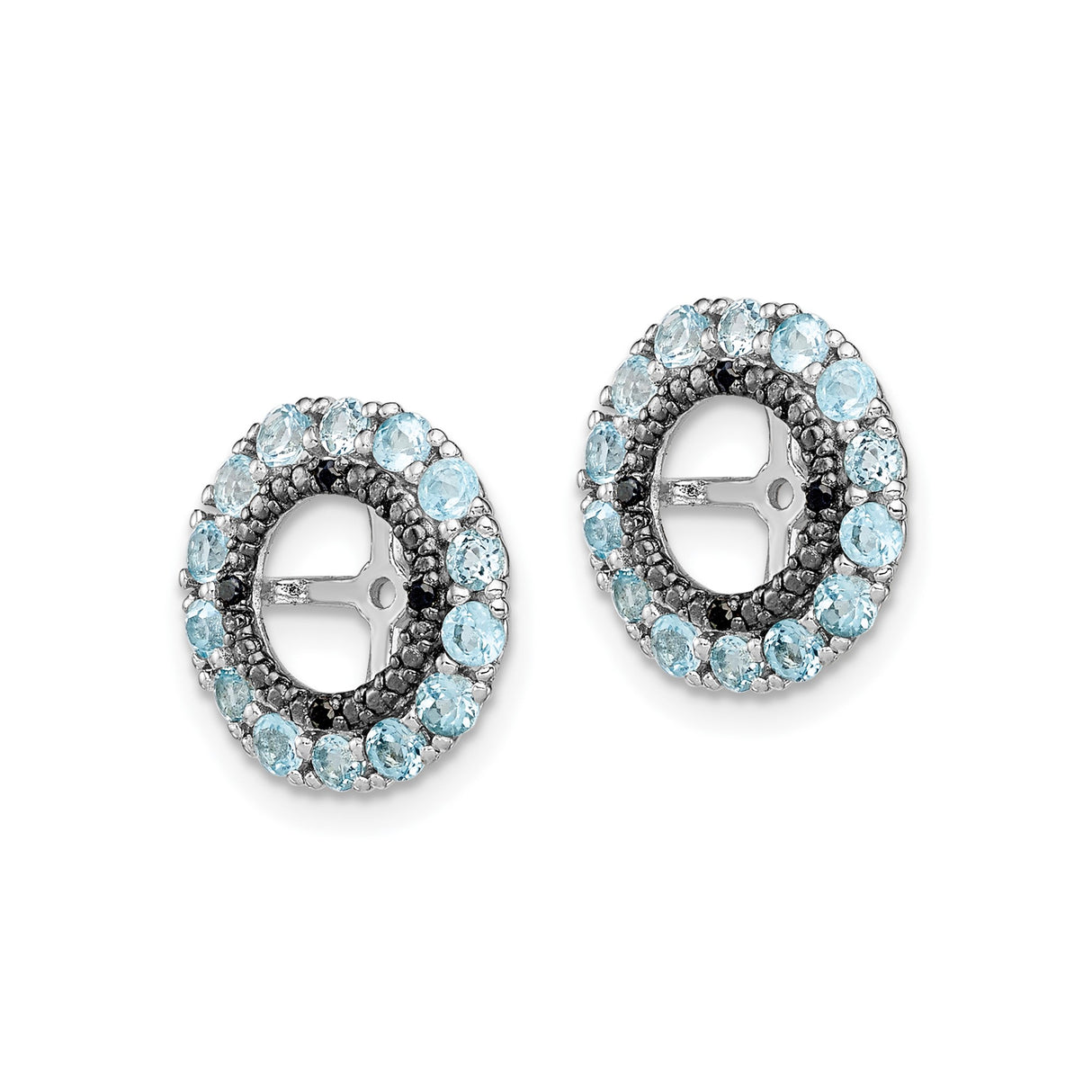 Sterling Silver Cross Earrings with Swiss Blue Topaz and Black Sapphire, Halo Studs for Women